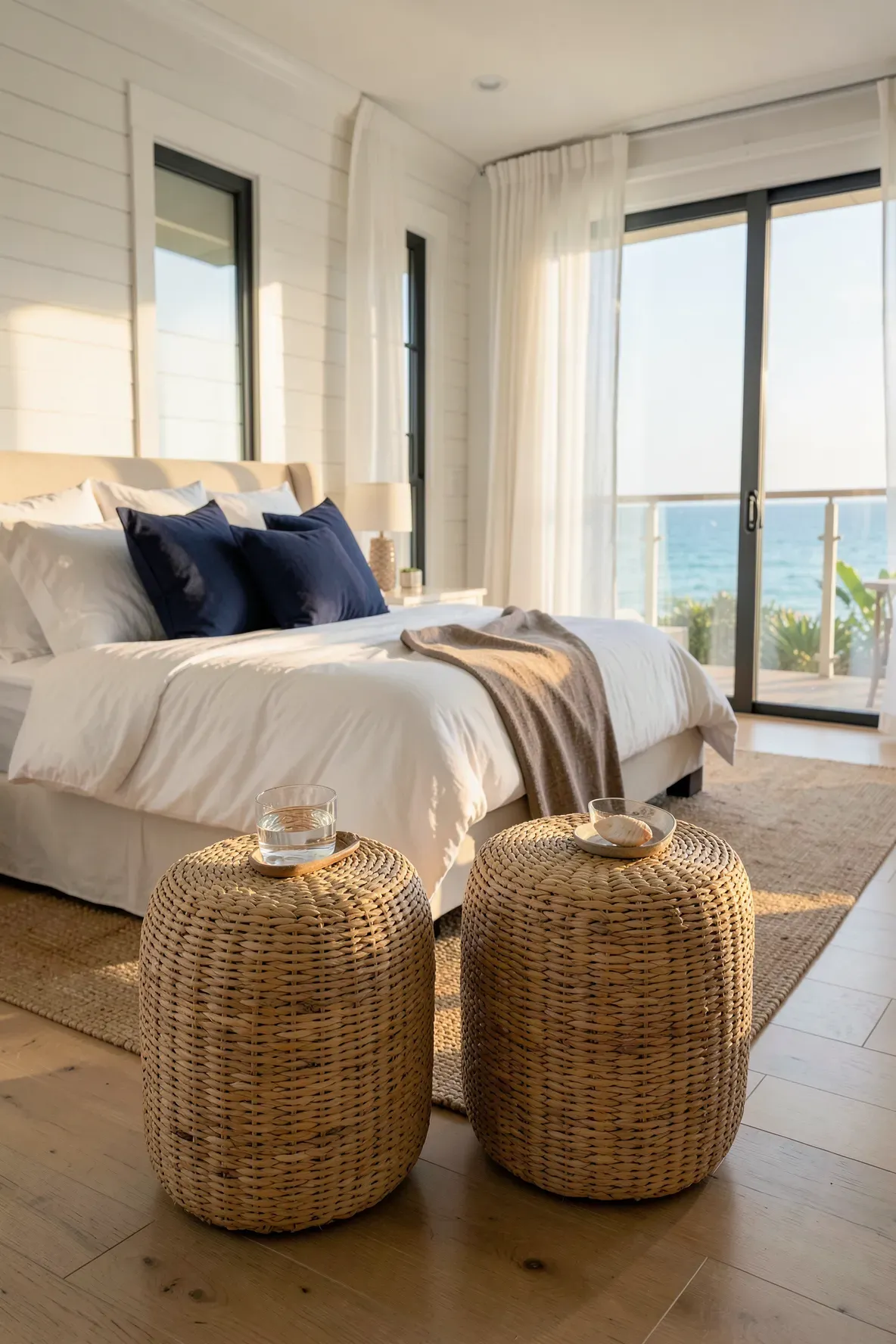 Two textured banana leaf footstools in a bright, airy coastal bedroom with white linens and ocean views.