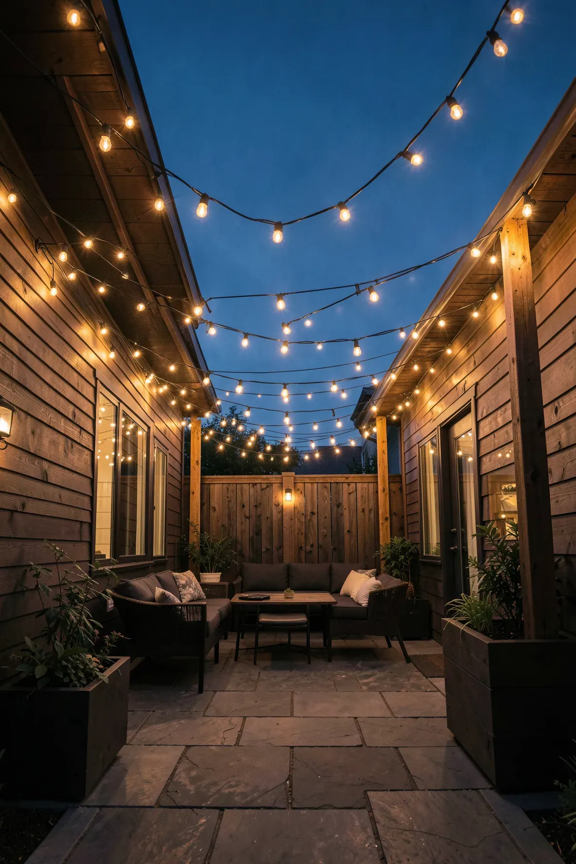 Overhead Edison string lights in a zig-zag pattern over a cozy evening patio.