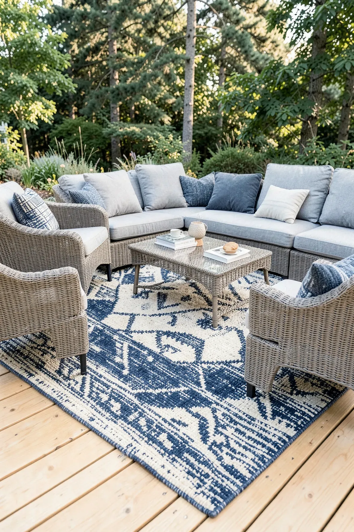 A large navy and cream outdoor rug defining a seating area on a wooden deck.