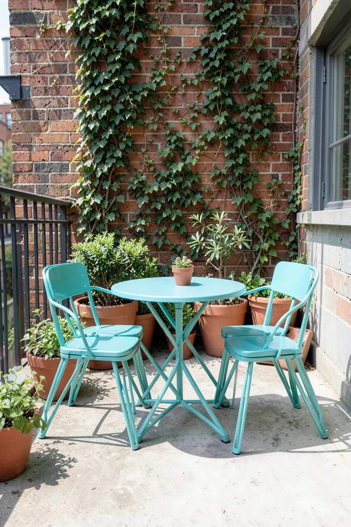 Bright turquoise stackable metal chairs arranged on a small modern concrete patio.