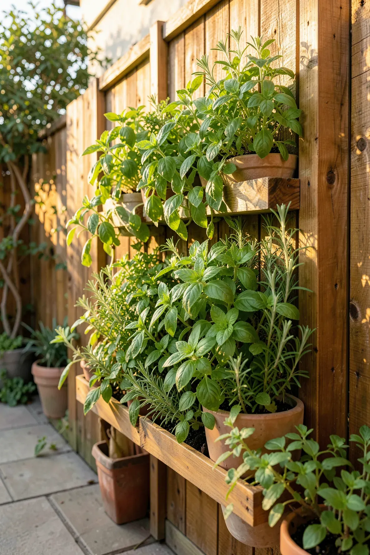 A vertical cedar wall planter filled with fresh green herbs on a sunny patio.