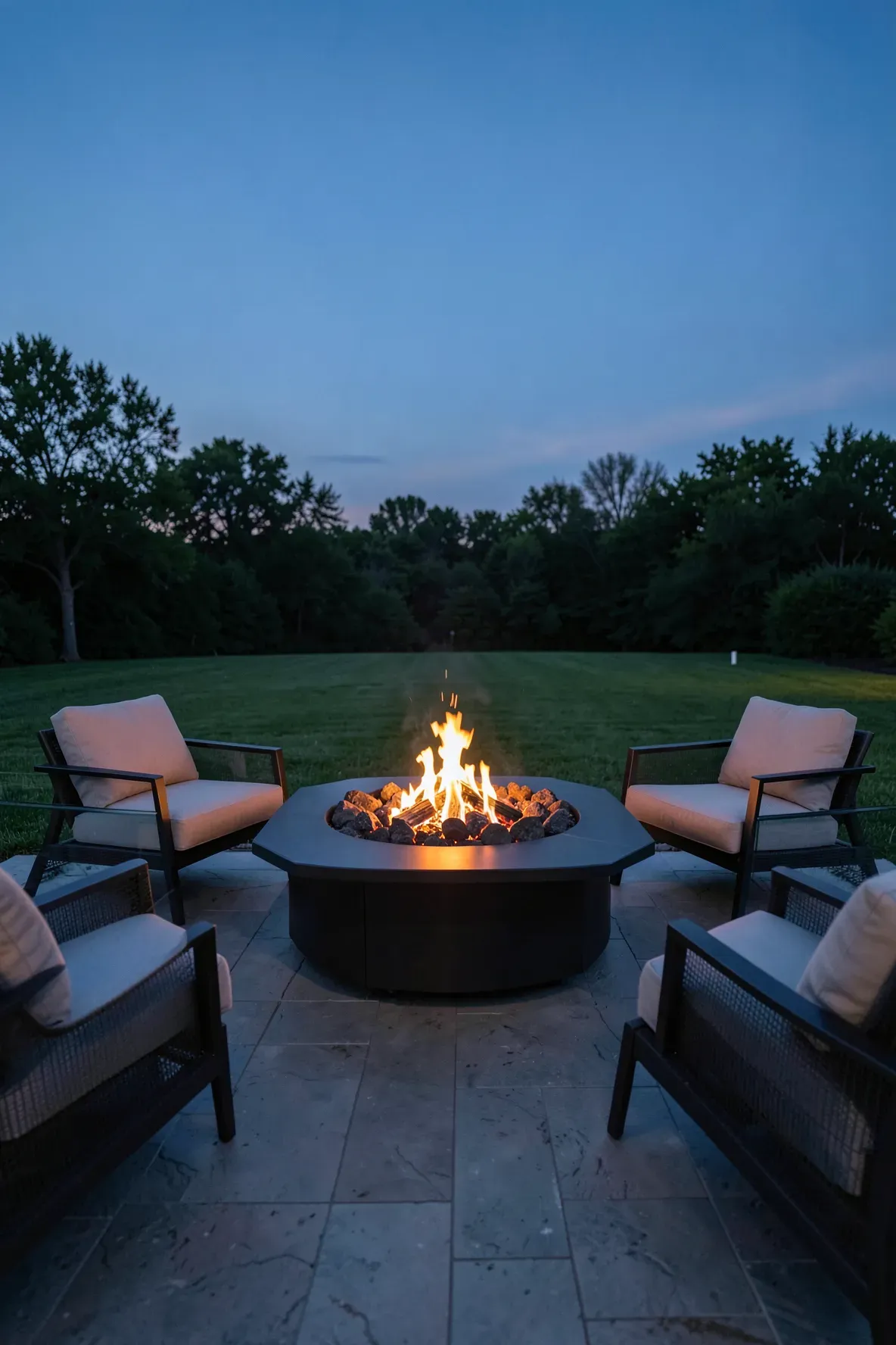 A modern square propane fire pit table with orange flames and lava rocks at dusk.