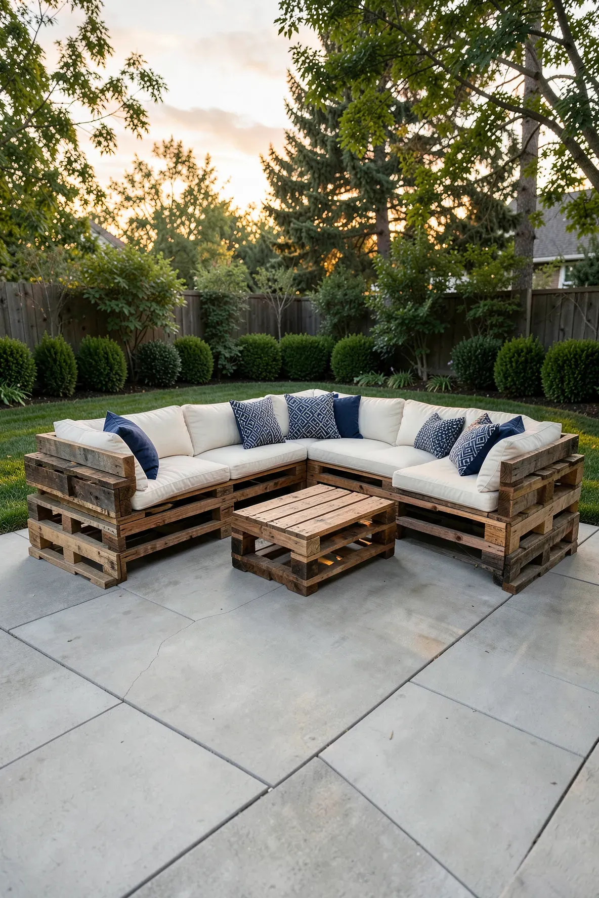 A rustic DIY wooden pallet sectional with cream cushions on a modern stone patio at sunset.