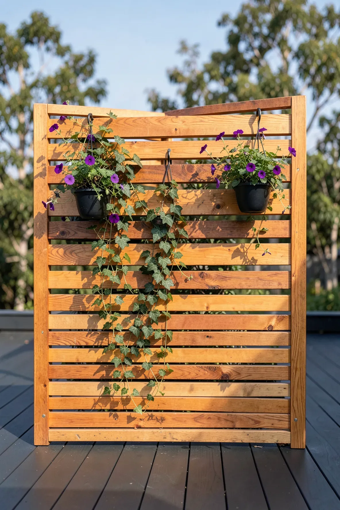 A tall cedar slat privacy screen decorated with hanging potted plants on a modern dark wood deck.