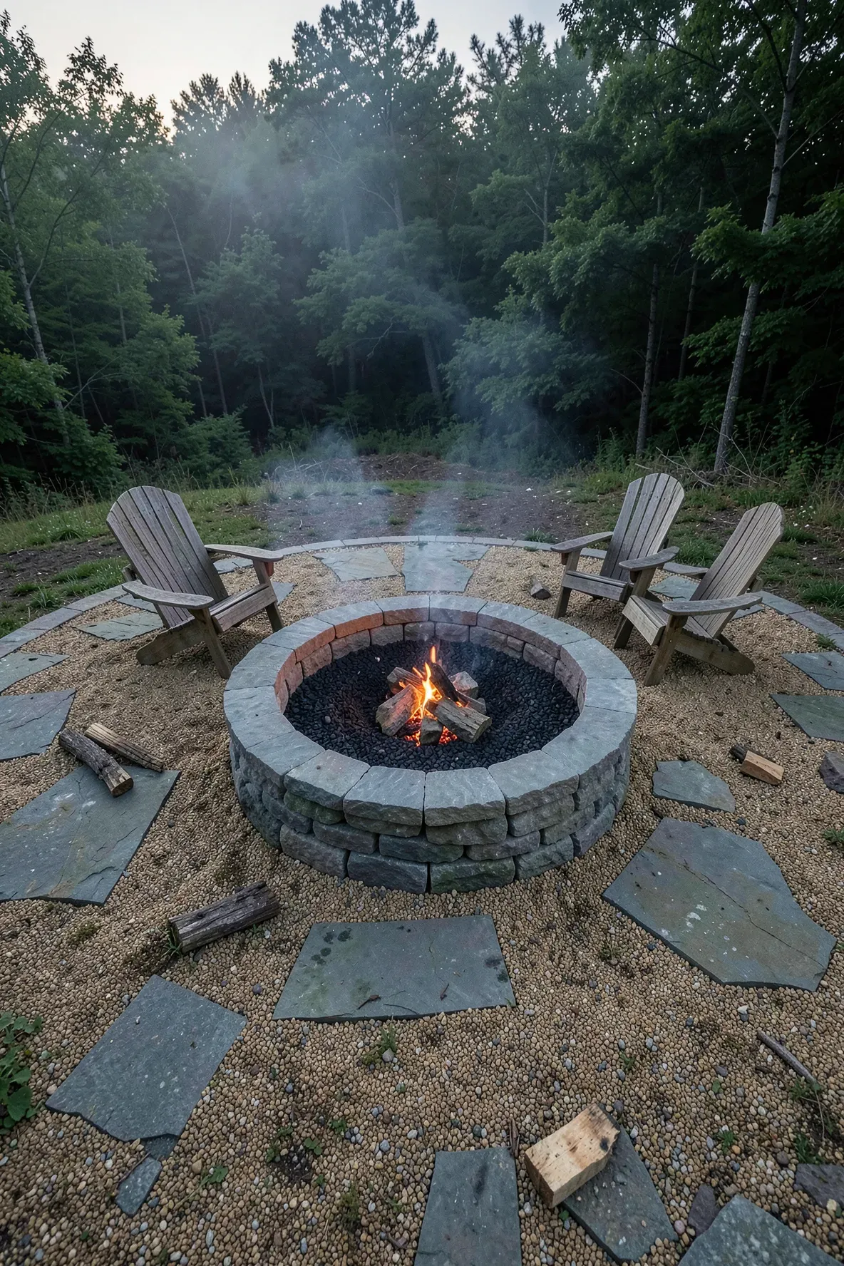 A circular stone fire pit surrounded by Adirondack chairs on a gravel patio at twilight.