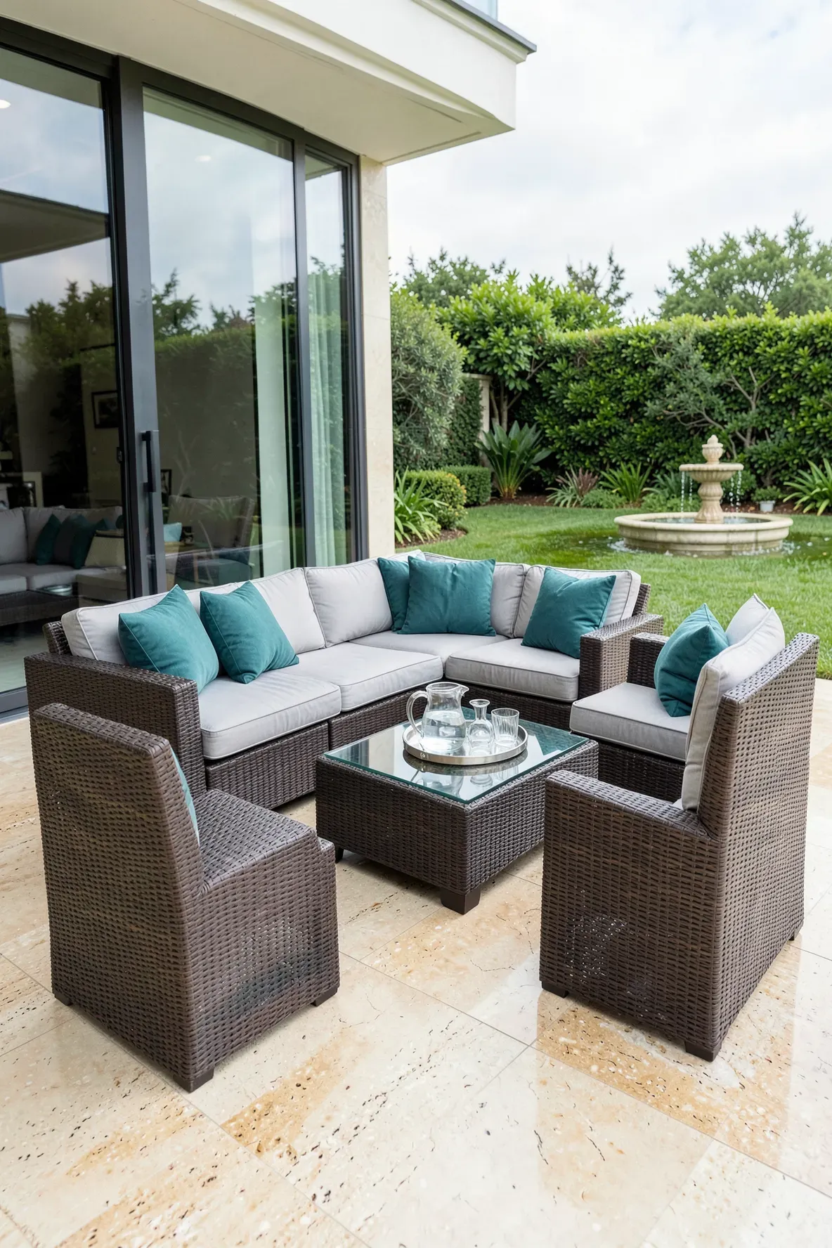 A luxury dark wicker sofa set with gray cushions on a travertine tile patio.