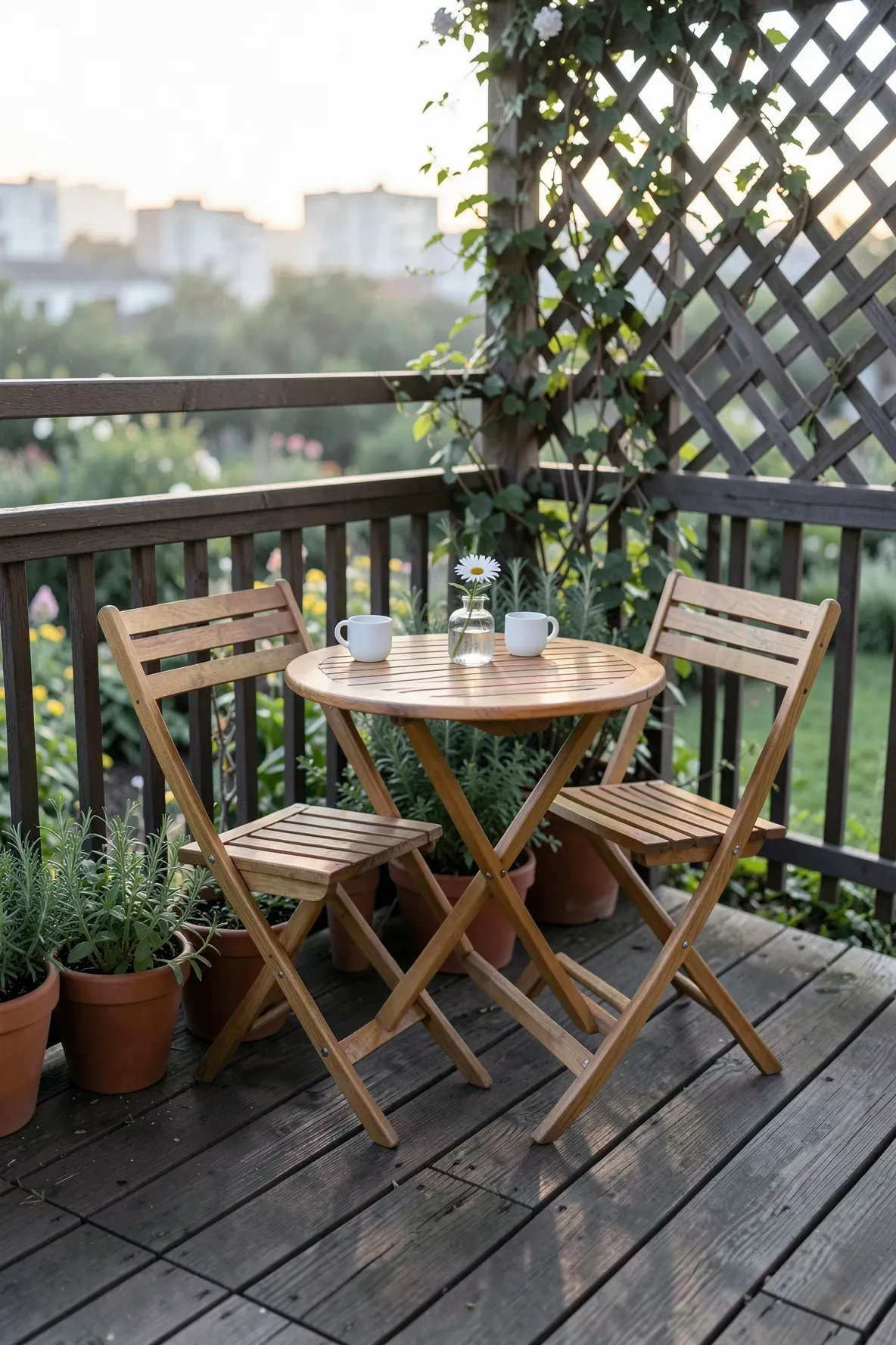 A wooden folding bistro table and two chairs in a cozy corner of a small apartment deck.