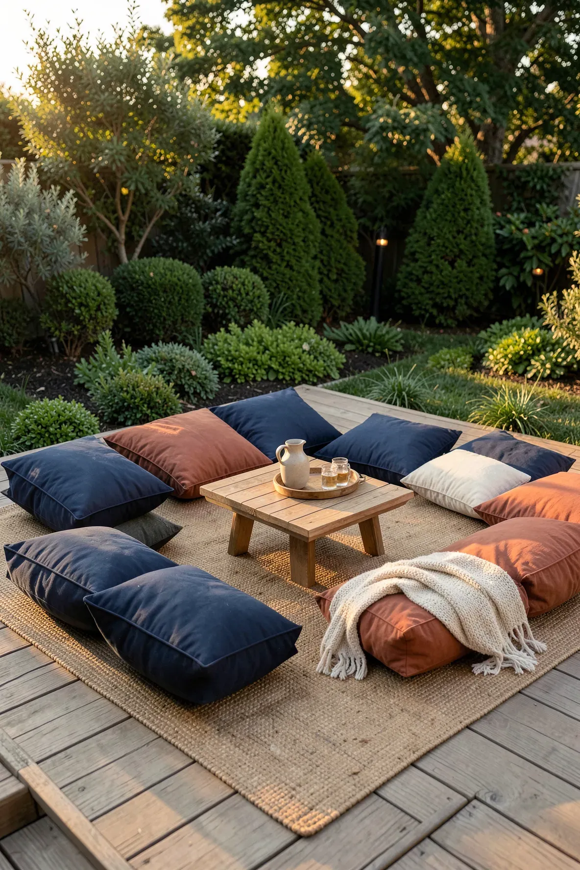 Large colorful floor pillows arranged on a jute rug on a wooden patio deck during golden hour.