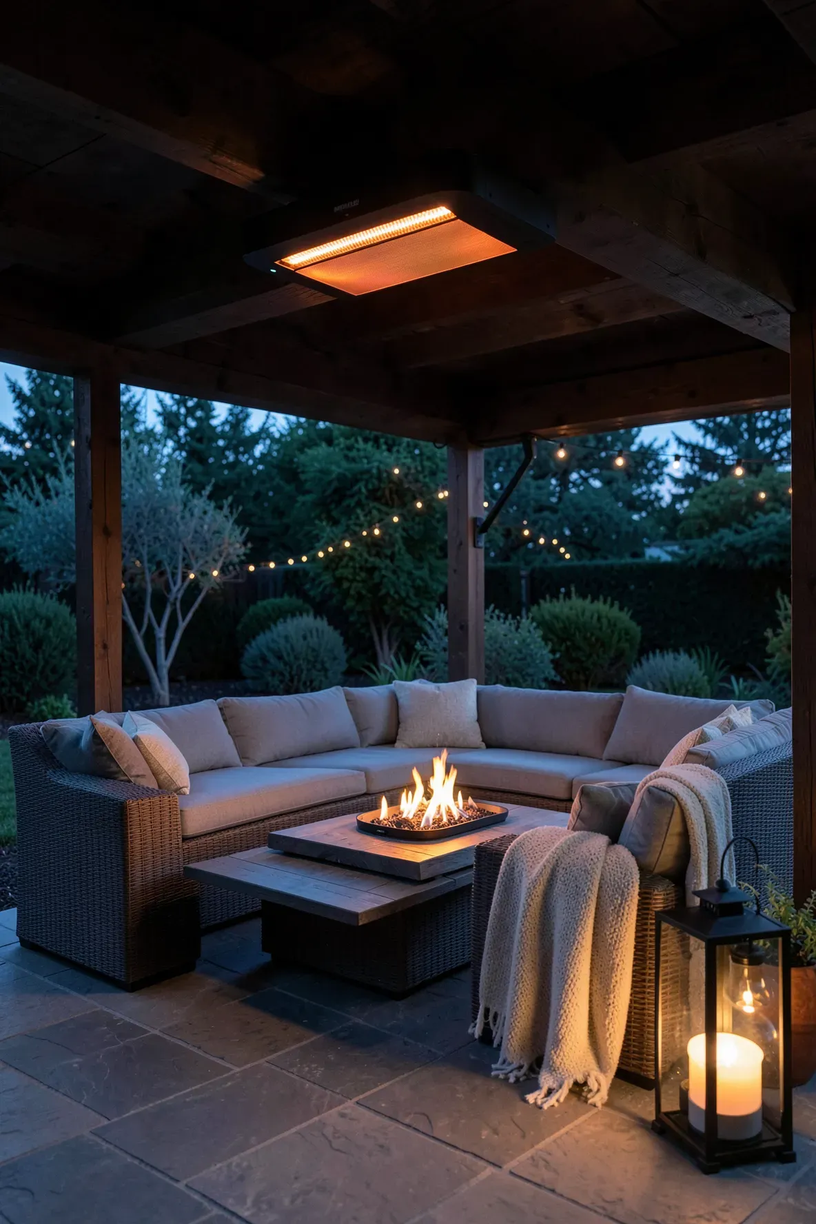 A modern infrared heater mounted on a wooden beam over a cozy patio lounge at twilight.