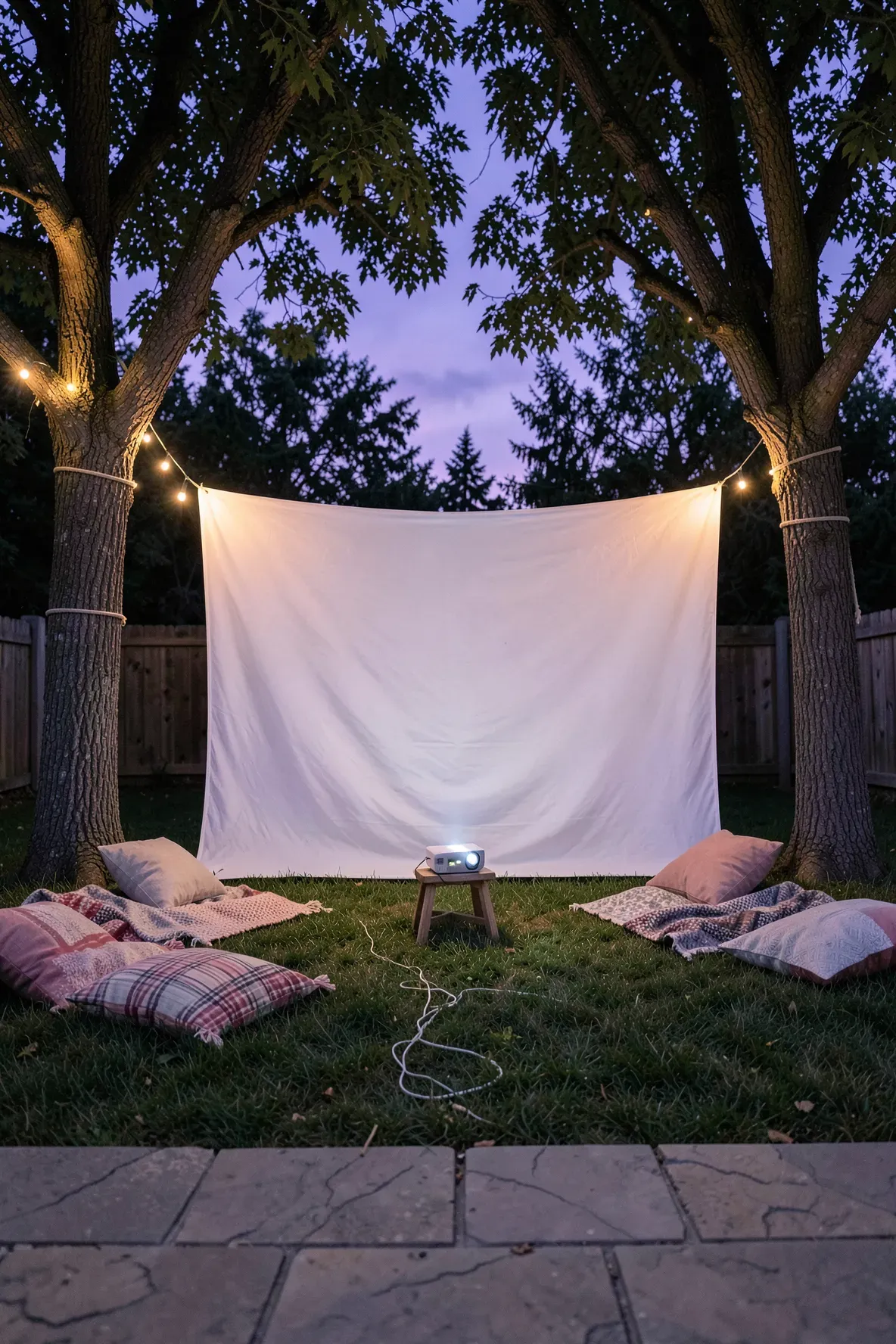 A white sheet movie screen set up in a backyard with pillows and blankets for a movie night.