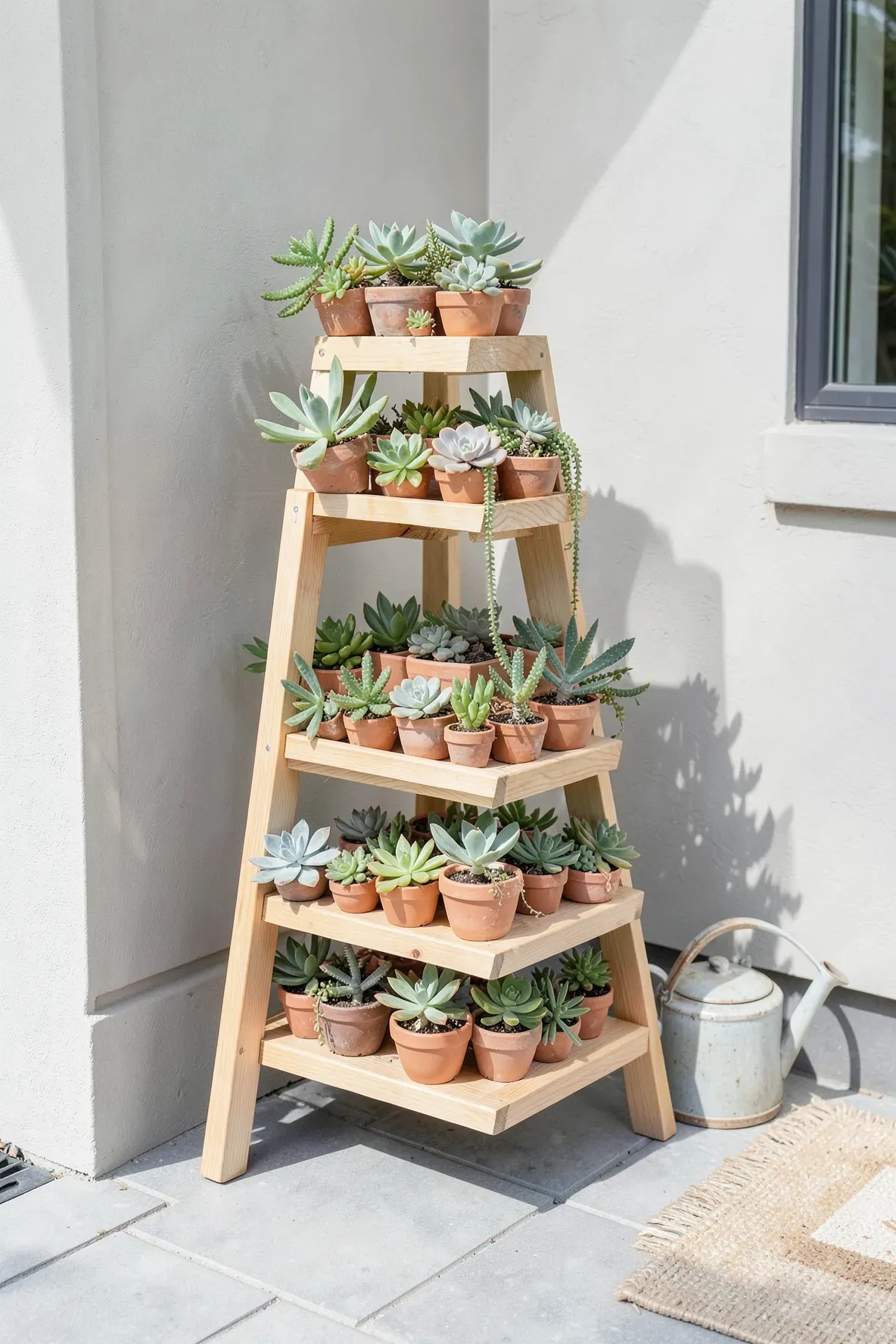 A wooden multi-tiered stand holding various potted succulents in a sunny patio corner.