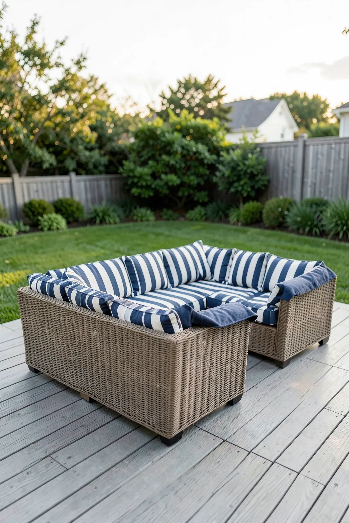 Navy and white striped cabana cushions on a modern outdoor sofa on a wooden back deck.