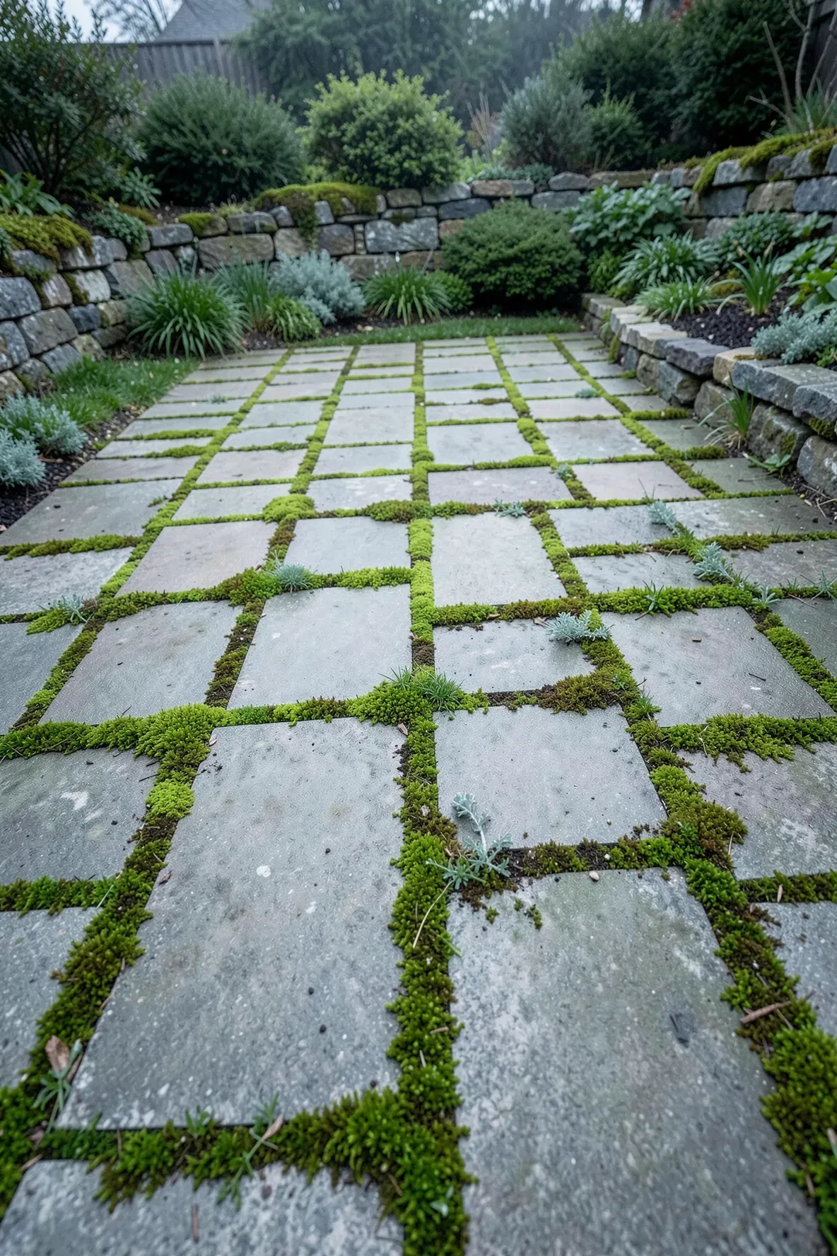 Large square concrete patio pavers with lush green moss growing in the joints between stones.
