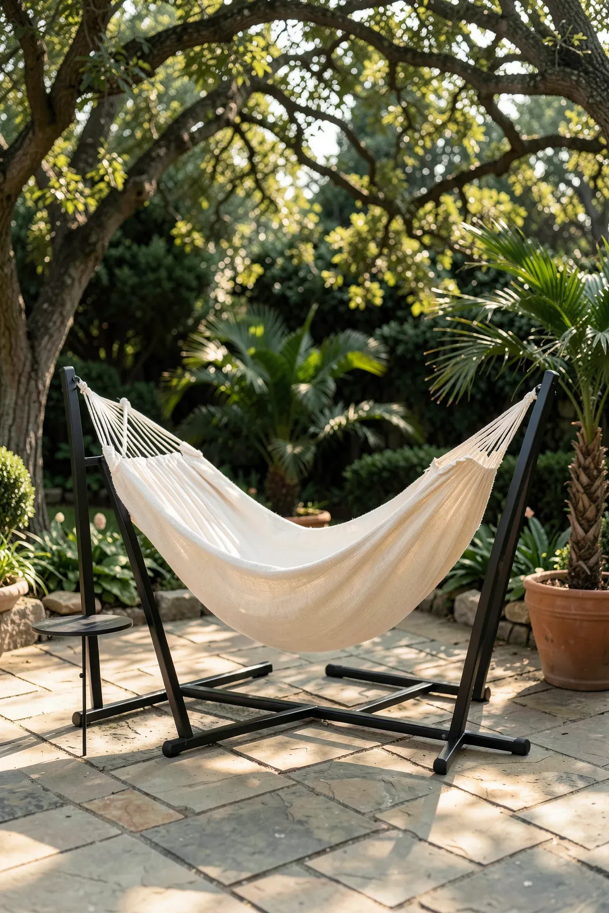 A cream canvas hammock on a black metal stand set on a stone patio in a sunny backyard.