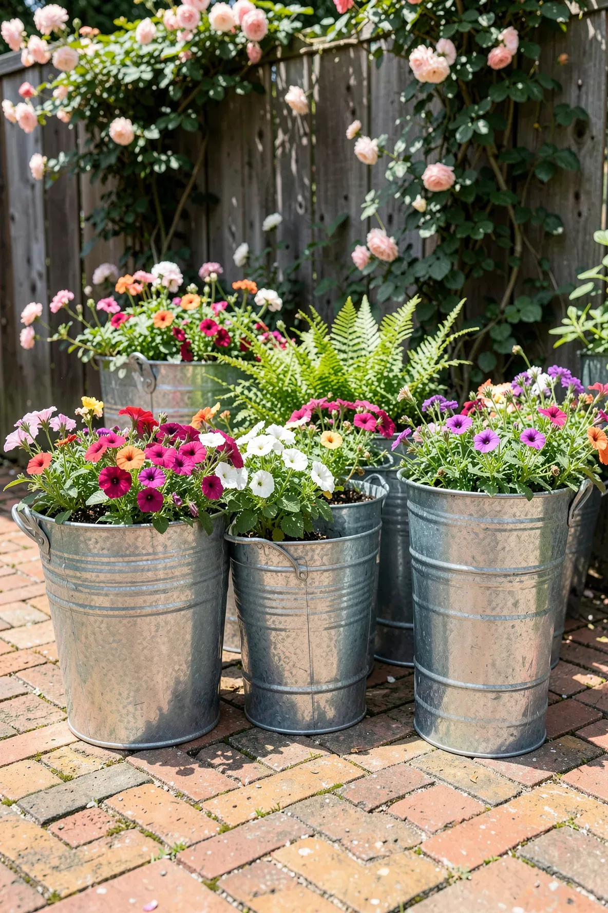 Several galvanized metal tubs used as planters with colorful flowers on a brick patio.
