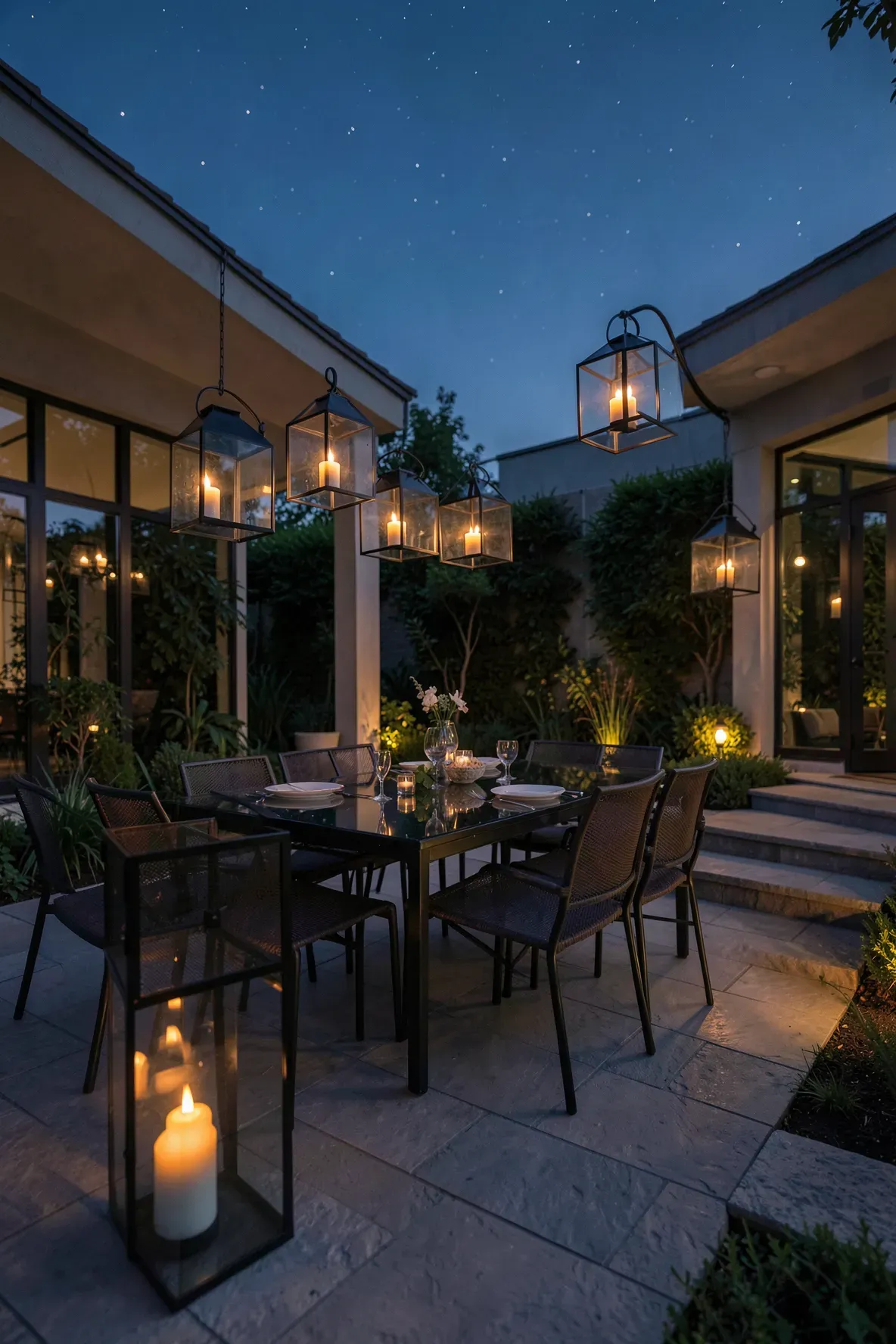 Black glass lanterns with glowing flameless candles on a patio at twilight.