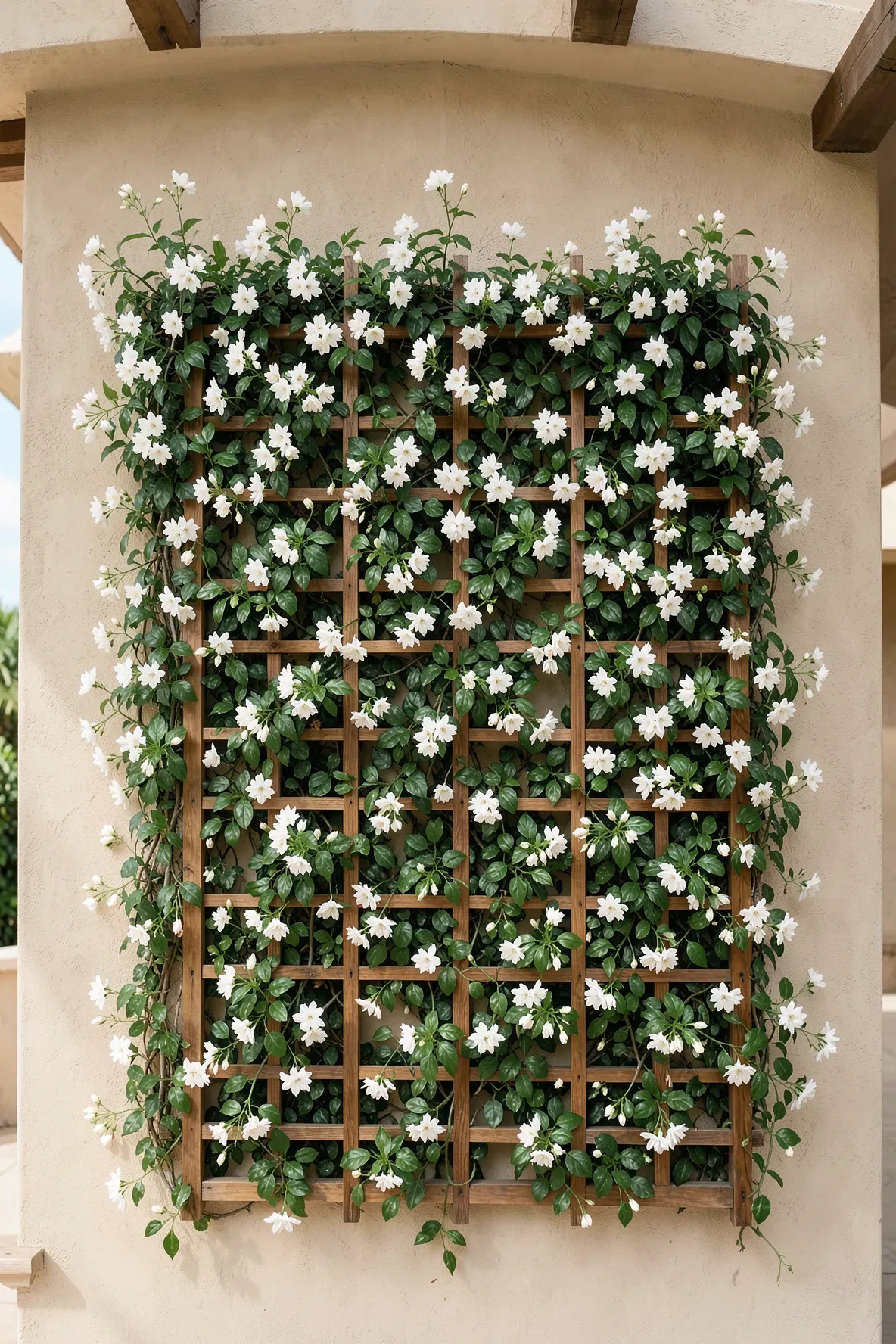 A wooden trellis mounted on a patio wall covered in green vines and white jasmine flowers.