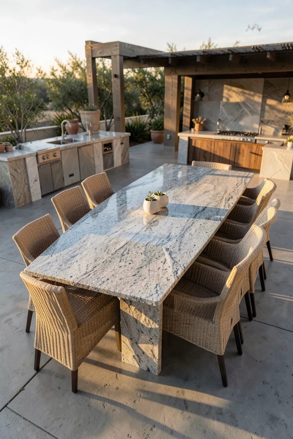A large stone-topped dining table with eight chairs on a spacious modern patio.