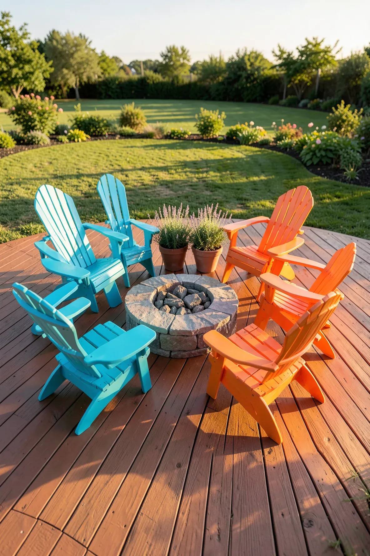 Bright turquoise and orange Adirondack chairs arranged around a stone fire pit on a wooden deck.