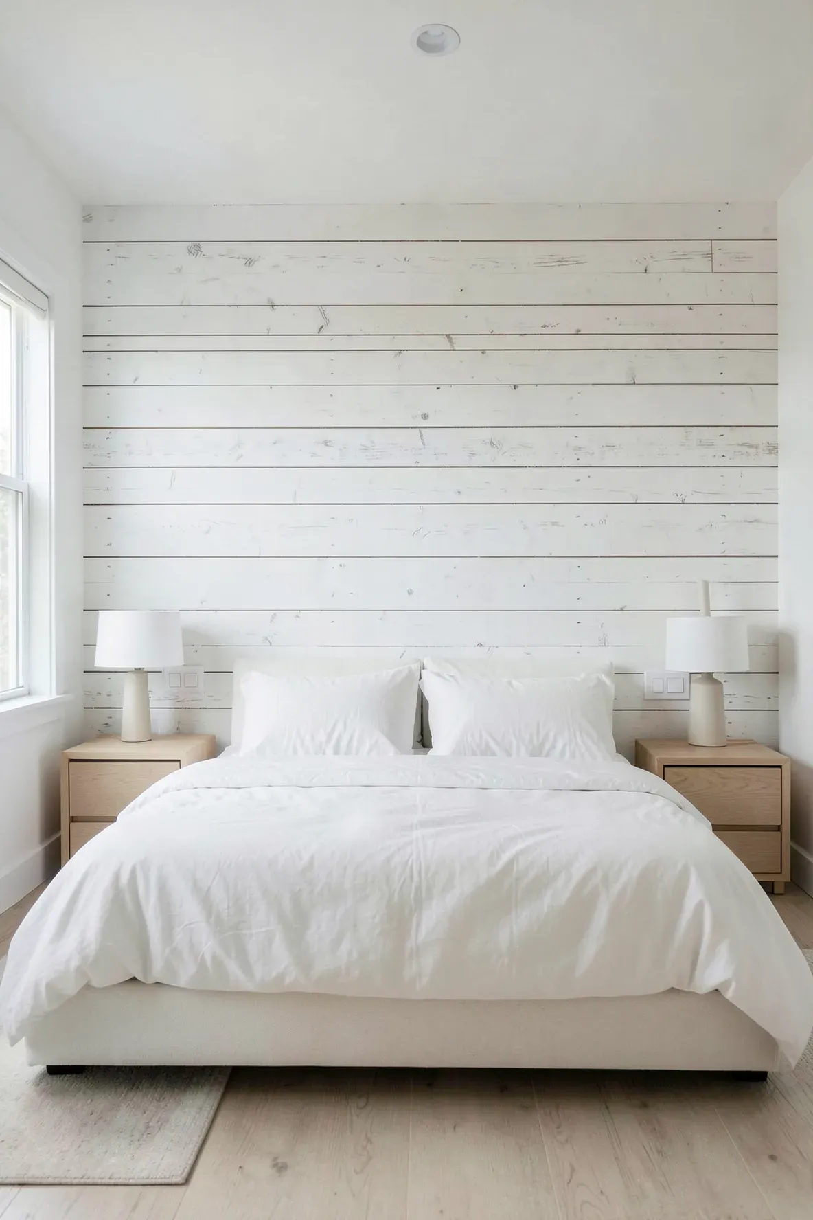 A bedroom featuring a bright whitewashed wood plank accent wall behind a white linen bed.