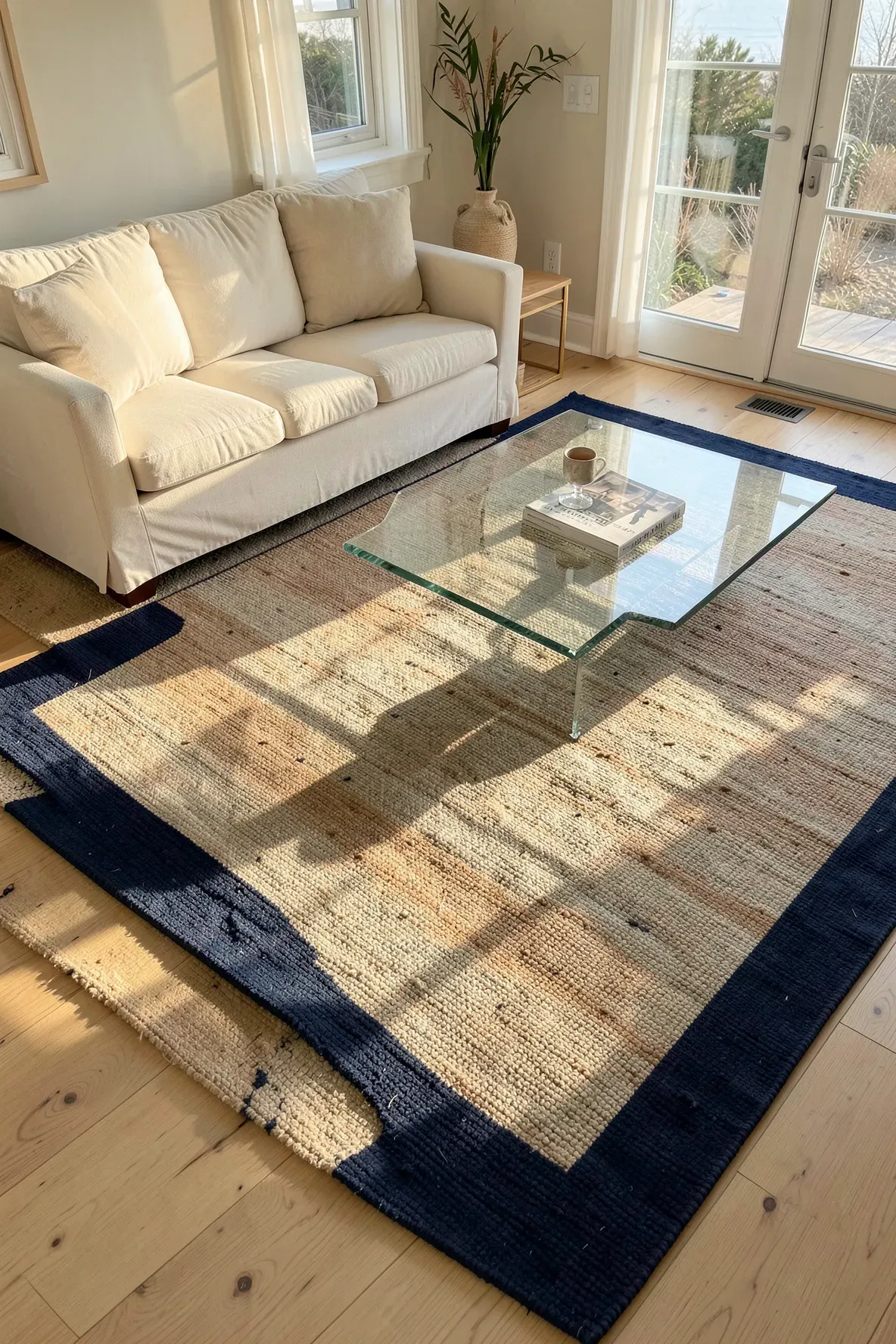 A natural tan jute rug with a navy blue border on a light wood floor in a coastal living room.
