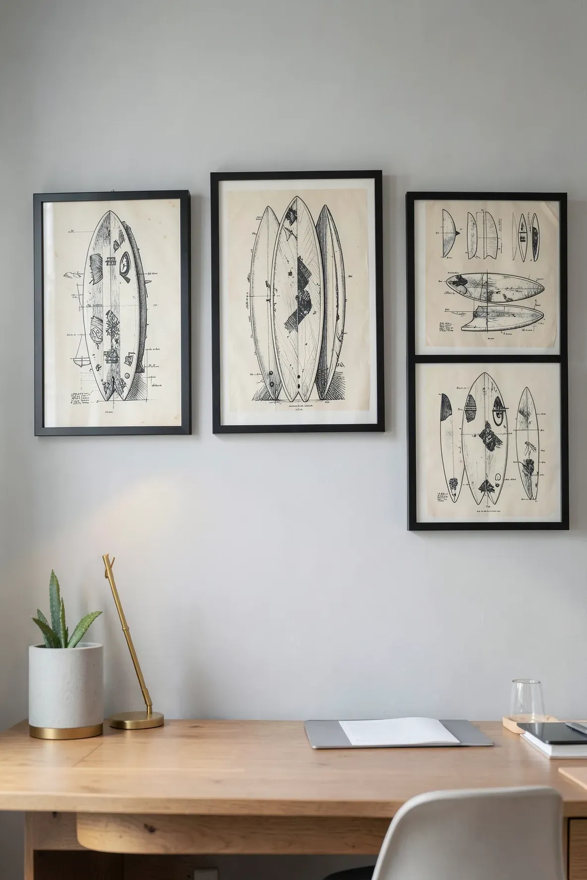 Three framed black and white surfboard patent prints hanging on a grey wall in a beach-themed room.
