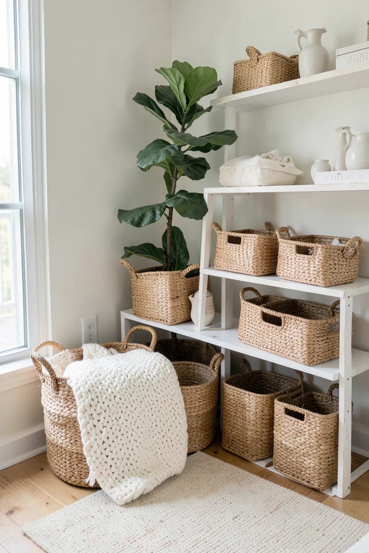 Several woven seagrass baskets used for storage in a bright, sunlit coastal bedroom corner.