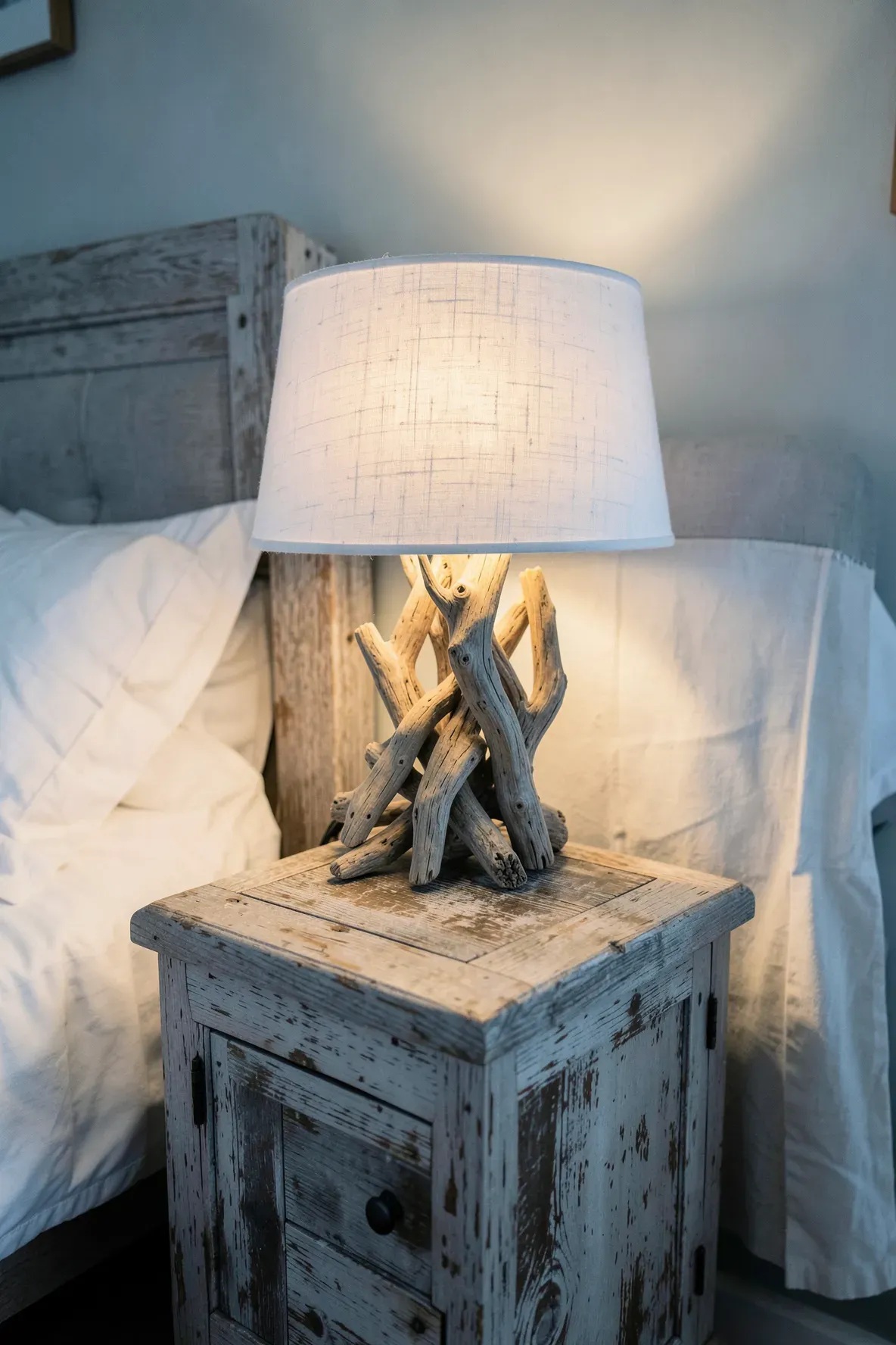 A lamp made of natural driftwood with a white linen shade on a nightstand in a beachy bedroom.