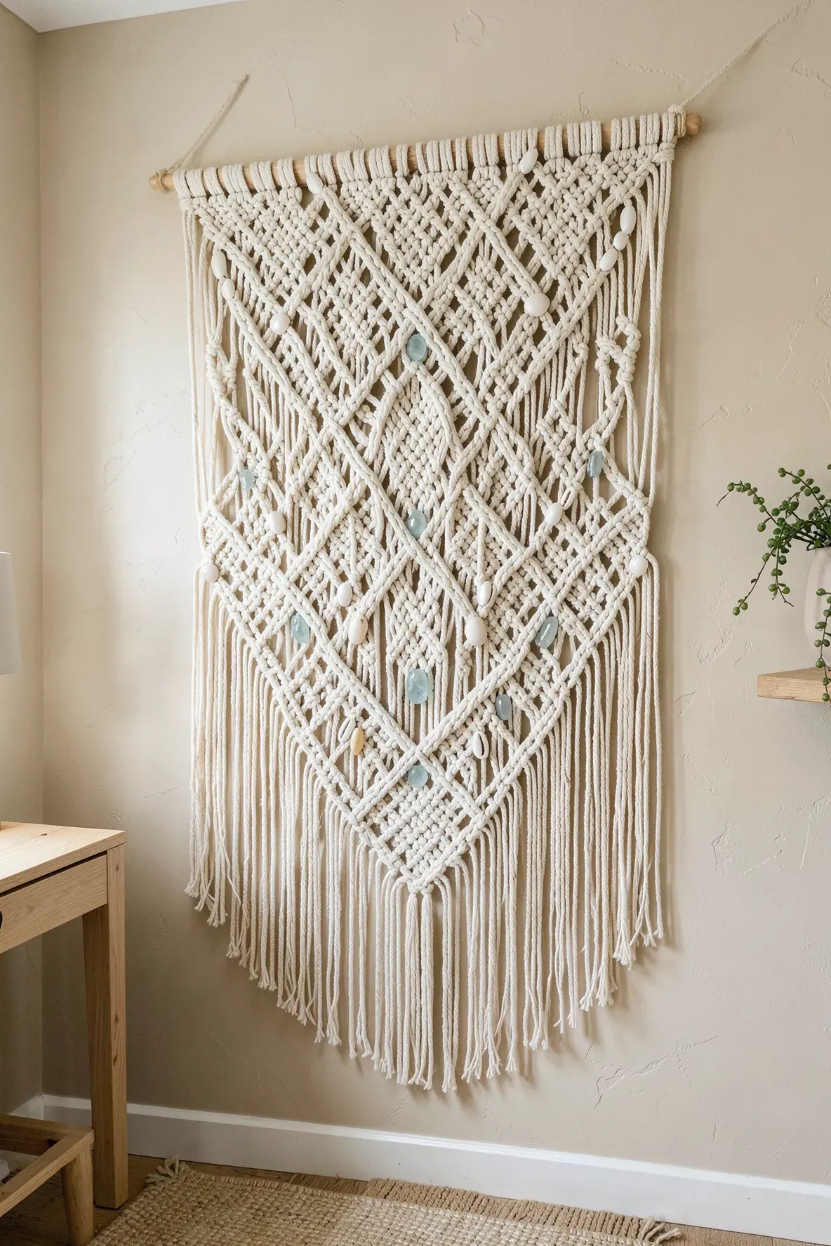 A large white macramé wall hanging with shells on a beige bedroom wall.