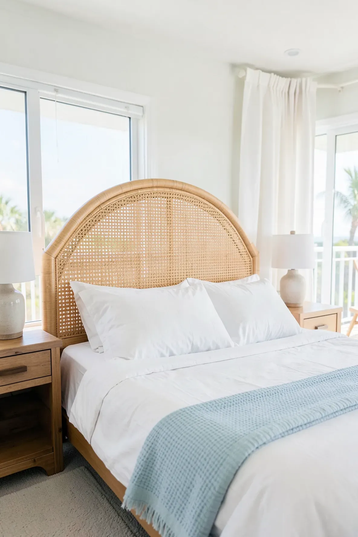 A natural rattan headboard on a bed with white and blue linens in a bright room.