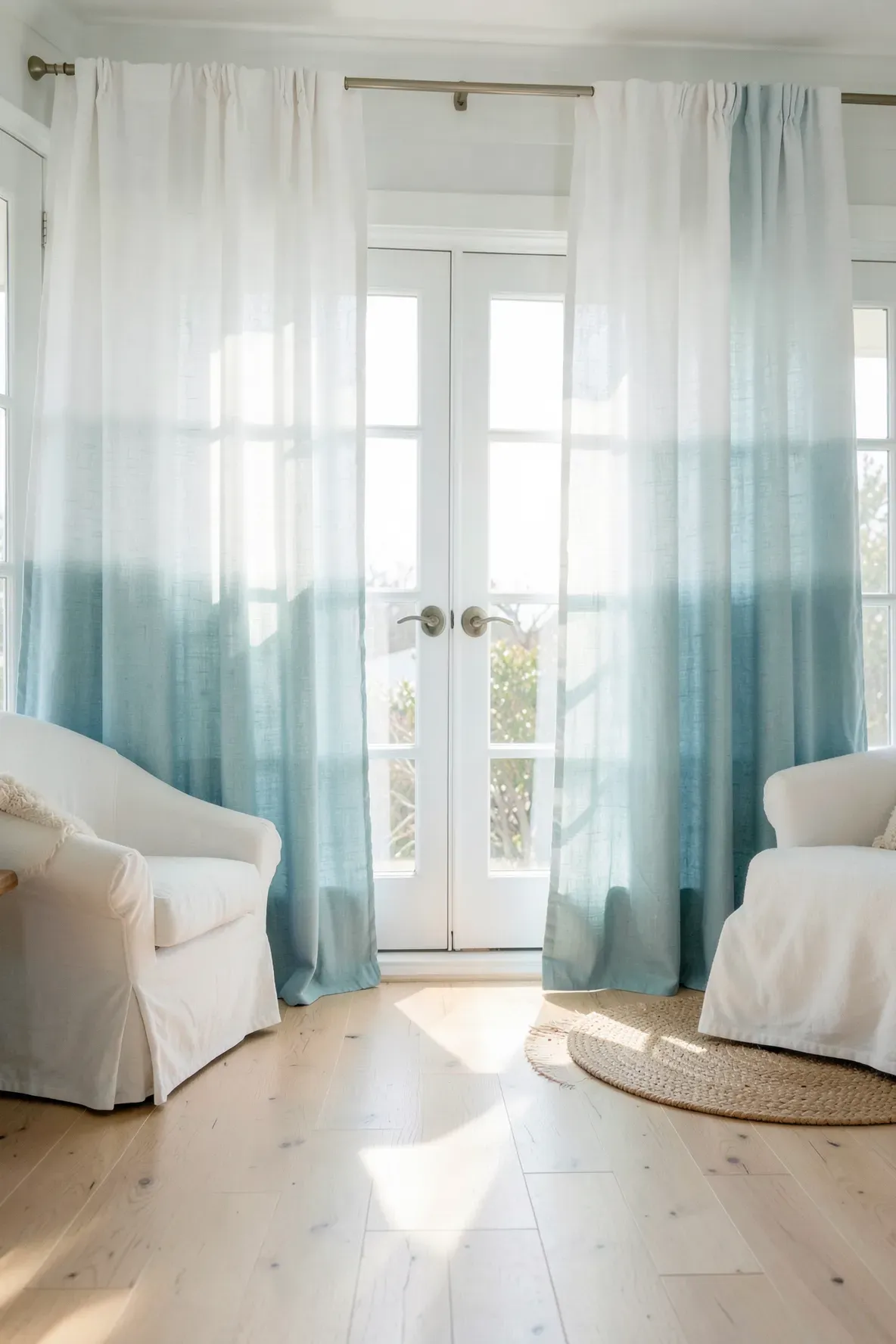 Light blue ombre curtains hanging over large windows in a bright coastal room.