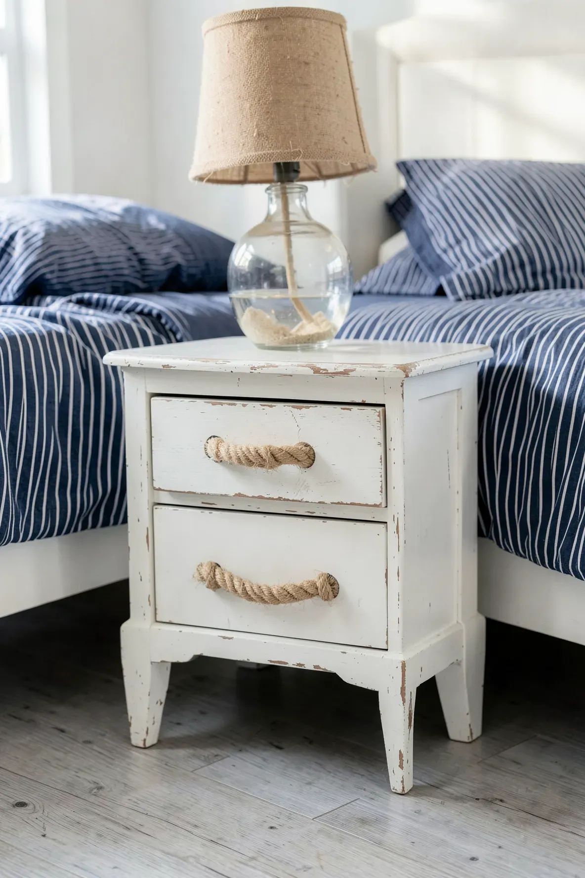A distressed white nightstand with thick rope drawer pulls in a coastal bedroom.