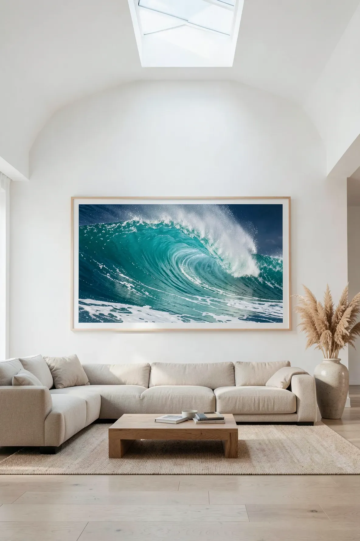 A large framed photograph of a blue ocean wave hanging above a beige sofa.