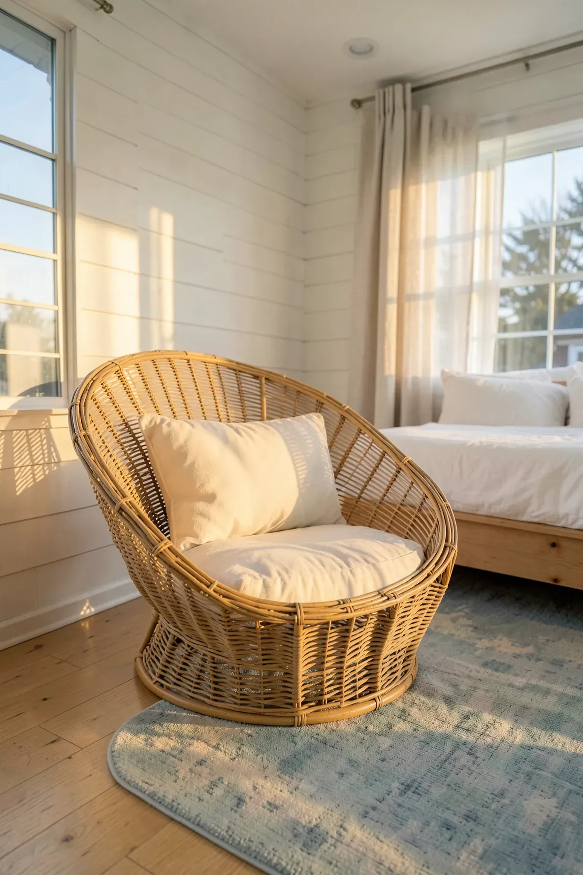 A wicker papasan chair with a cream cushion in a sunlit coastal bedroom with white shiplap walls.