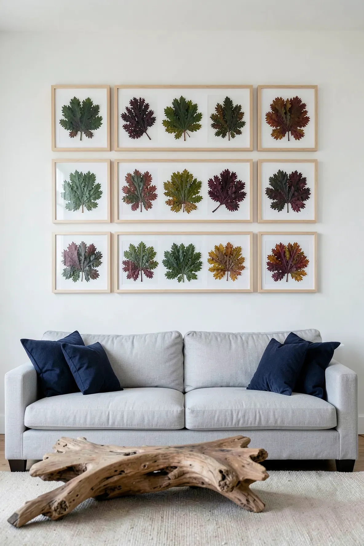 A grid of framed pressed seaweed art hanging on a white wall above a linen sofa in a coastal home.