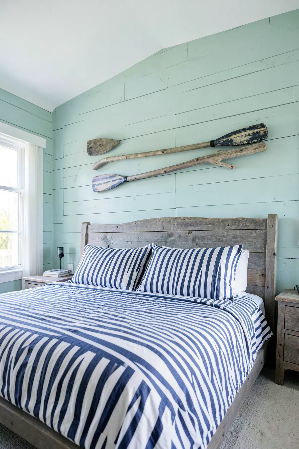 Two striped wooden oars mounted horizontally above a bed in a nautical themed bedroom.