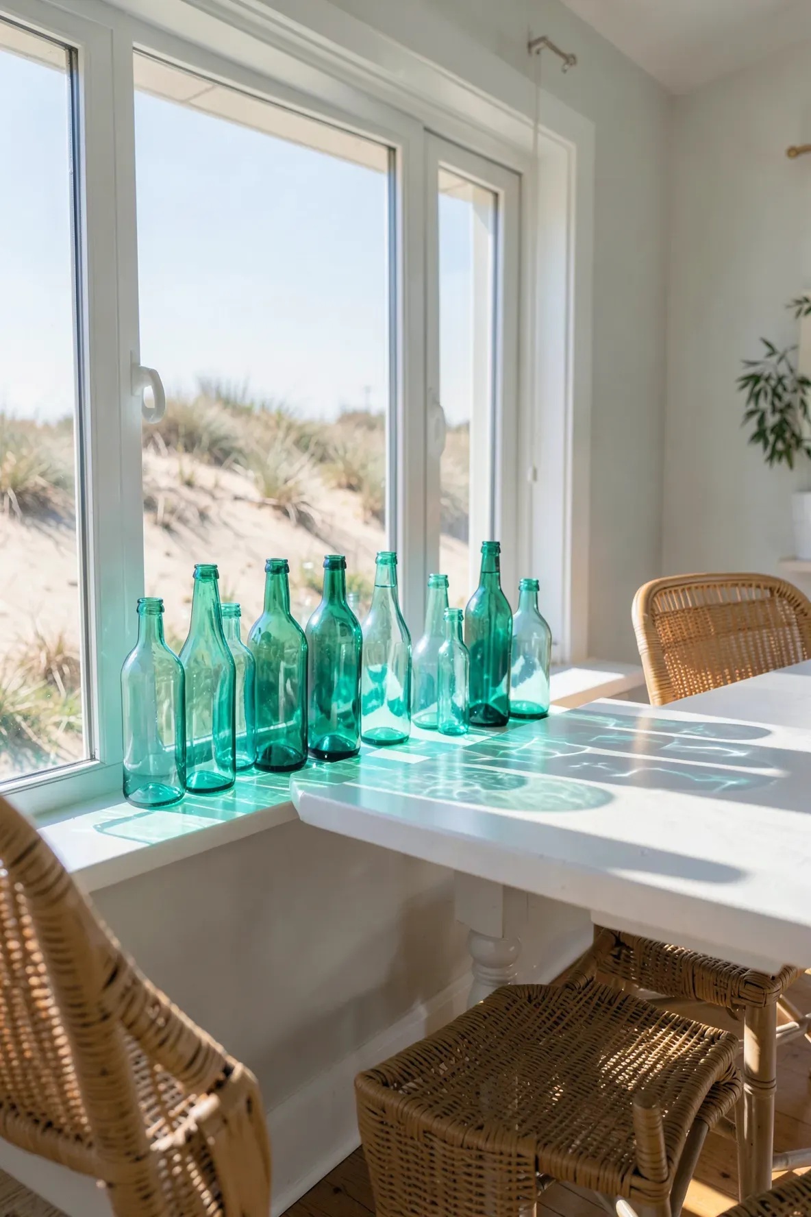 Teal and turquoise glass bottles on a windowsill casting blue shadows in a bright coastal room.