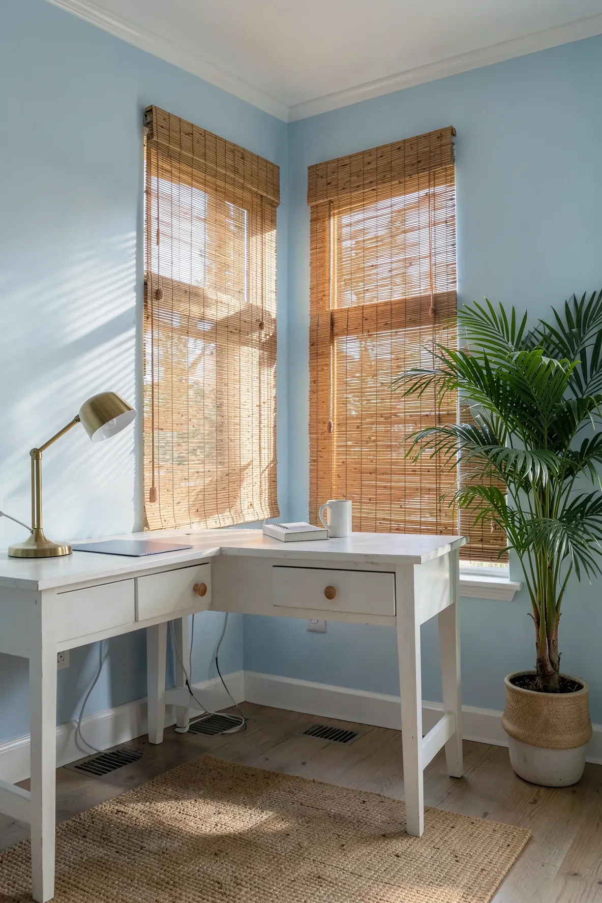 Natural bamboo blinds on a window in a coastal room with light blue walls and a white desk.