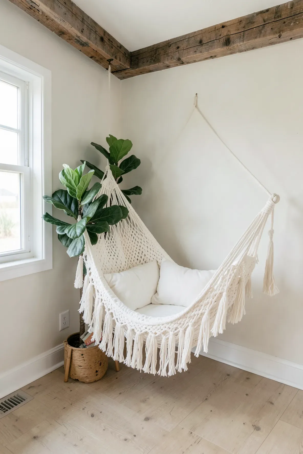 A white cotton hammock chair hanging in the corner of a bright, airy coastal themed room.