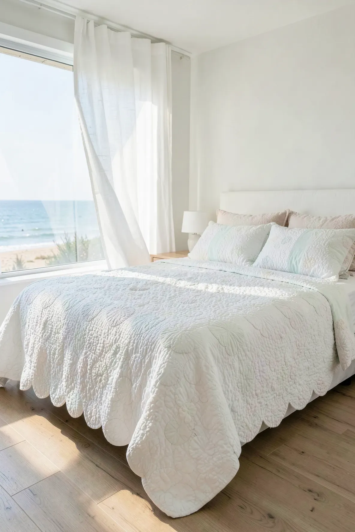 A bright coastal bedroom with a white scalloped edge quilt on a large bed near a sunny window.