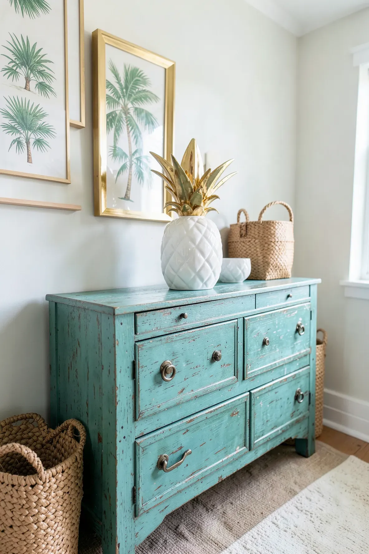 A white and gold ceramic pineapple sitting on a teal dresser in a beach-themed room.
