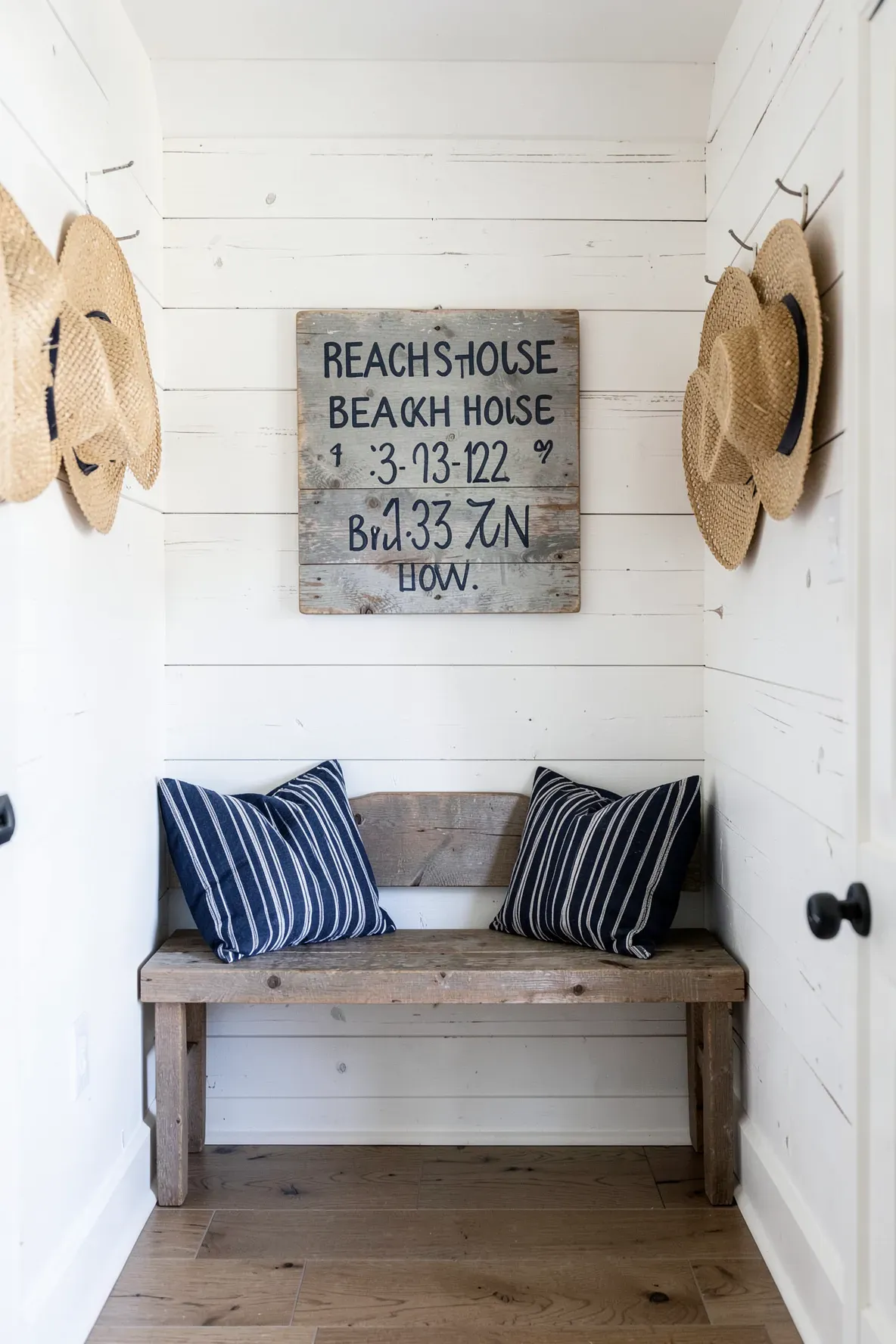 A wooden sign with beach coordinates hanging in a coastal entryway with a bench and hats.