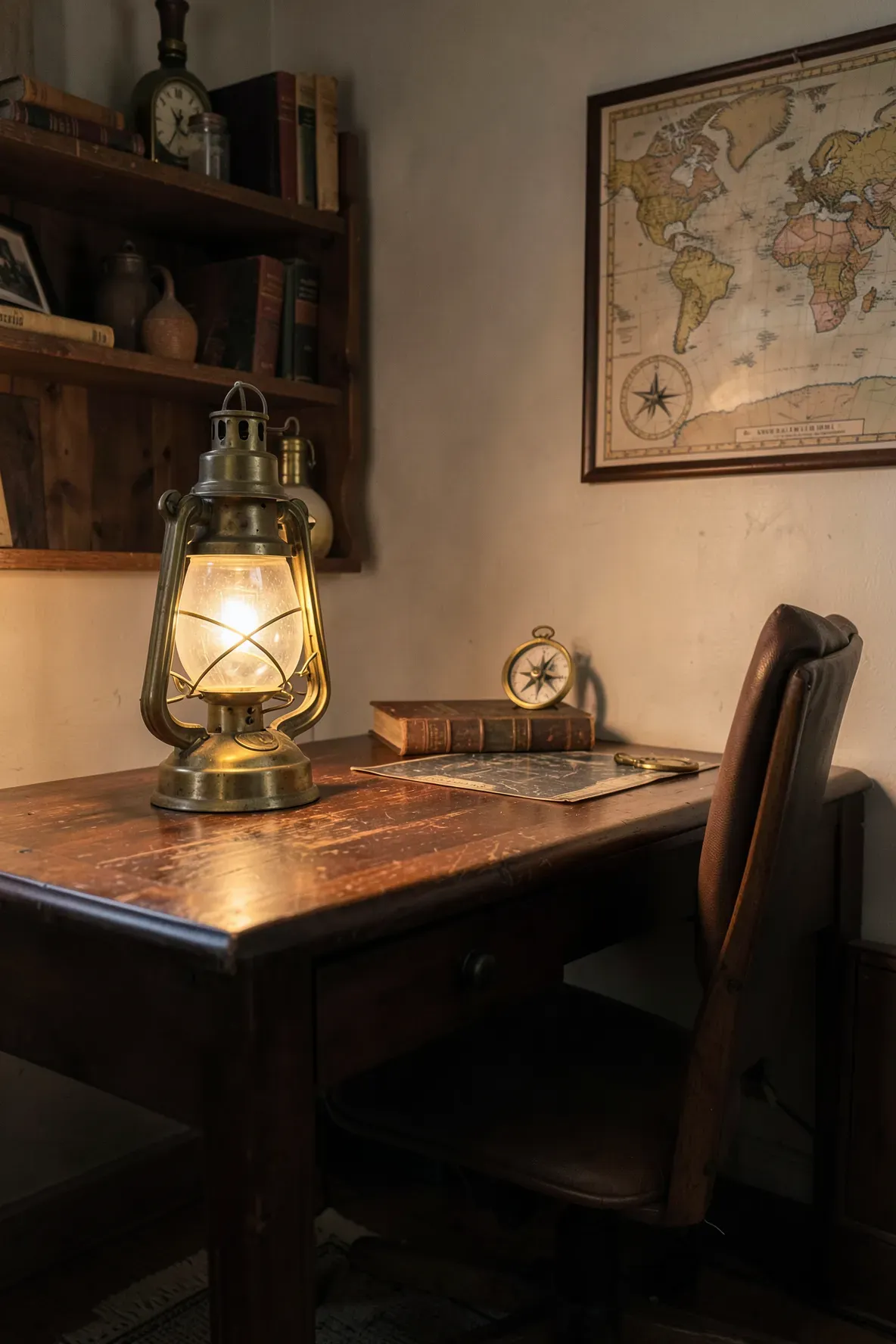 An aged brass ship lantern lamp glowing on a wooden desk in a nautical-themed room.
