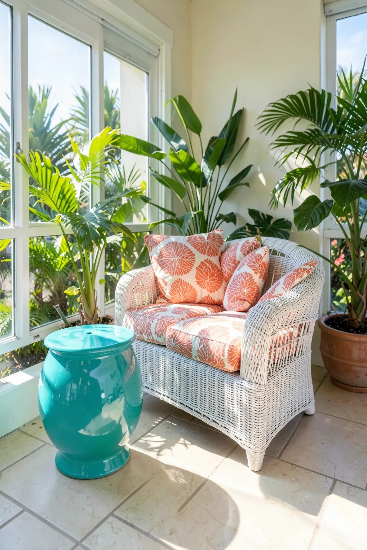 A bright turquoise ceramic stool used as a side table in a sunny coastal sunroom.