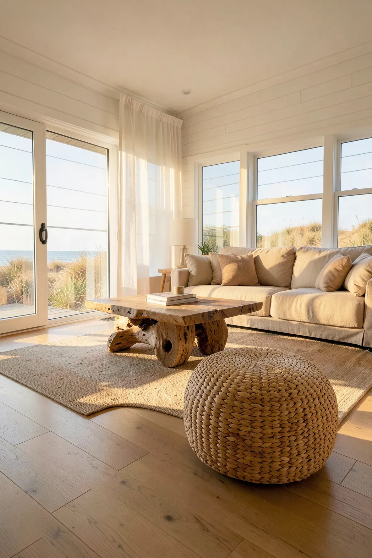 A round woven banana leaf footstool in a bright, airy coastal living room with white shiplap walls.