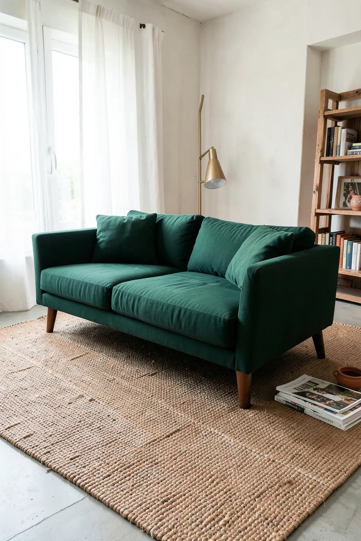 A jewel-toned green sofa on a textured tan jute rug in a bright, earthy living room.