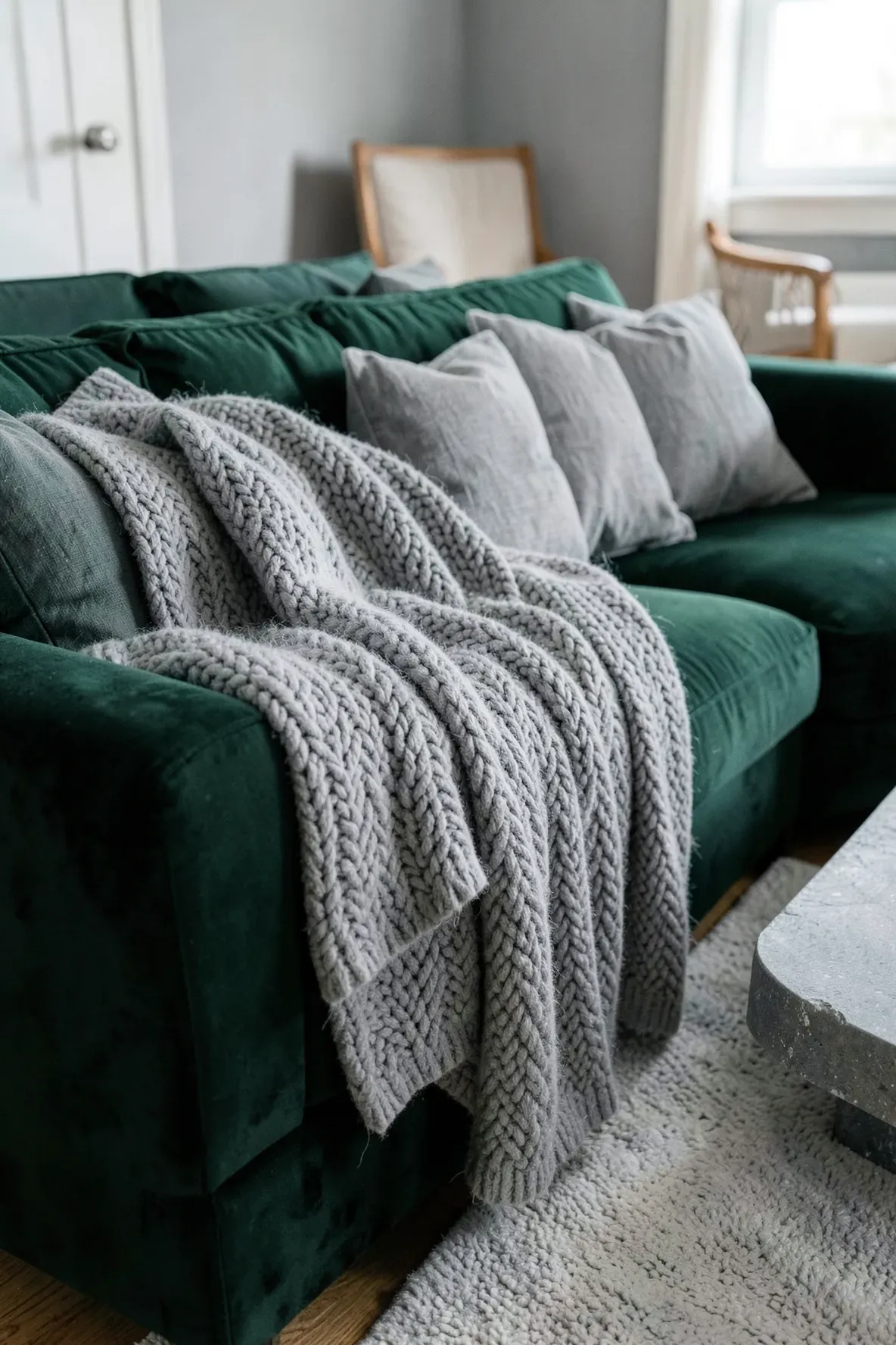 An emerald green sectional sofa with a chunky grey wool throw in a cozy, modern room.