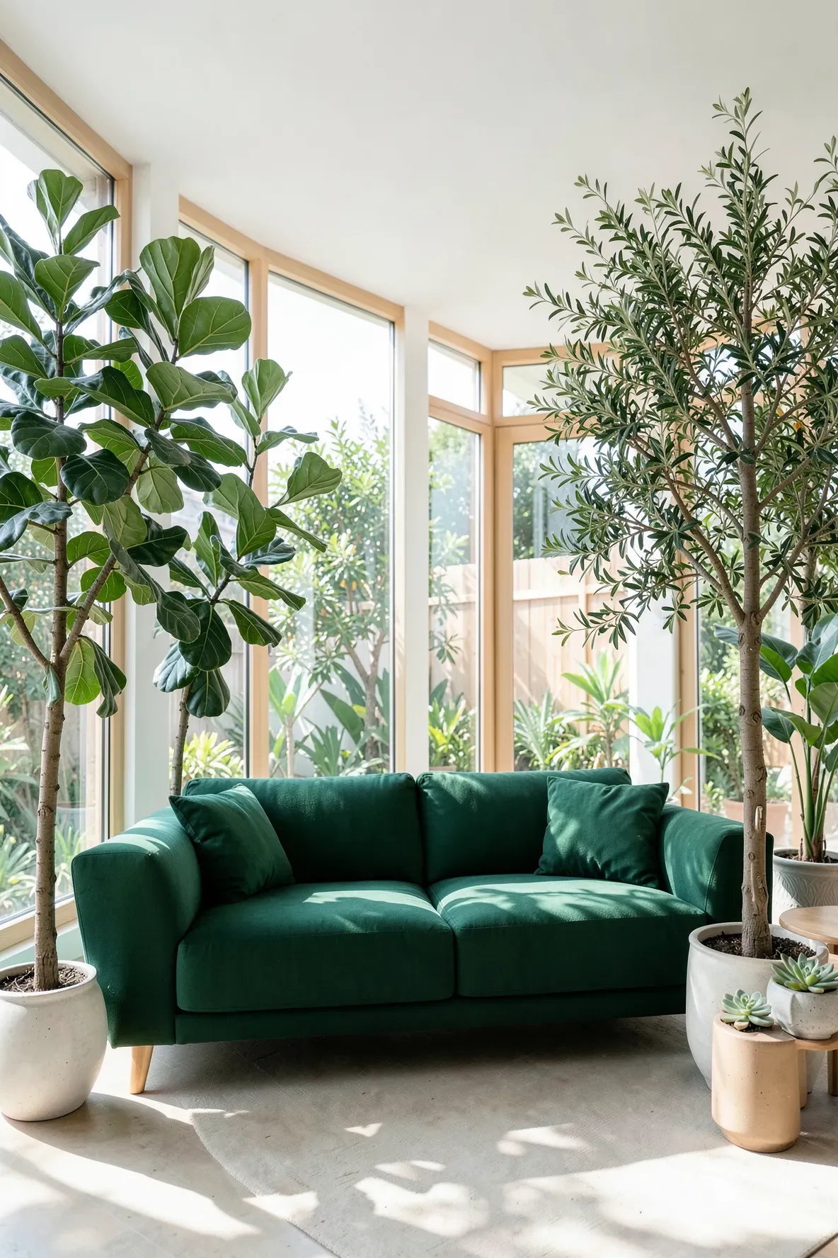 A green sofa surrounded by a tall Fiddle Leaf Fig and Olive tree in a bright living room.