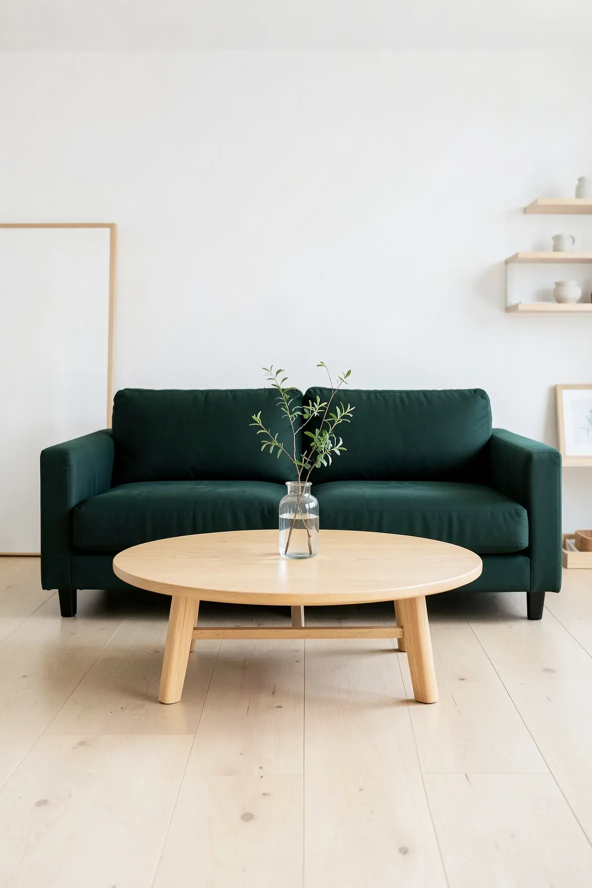 A dark green sofa paired with a round light oak coffee table in a minimalist living room.