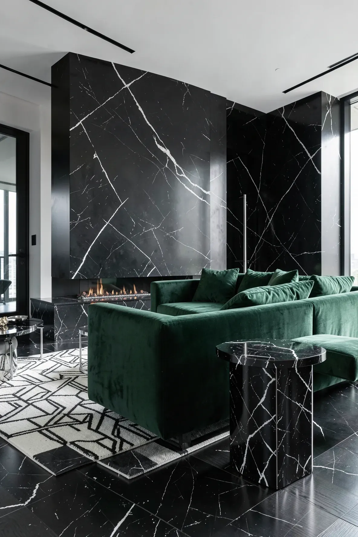 An emerald green velvet sofa next to a black marble side table with white veining.